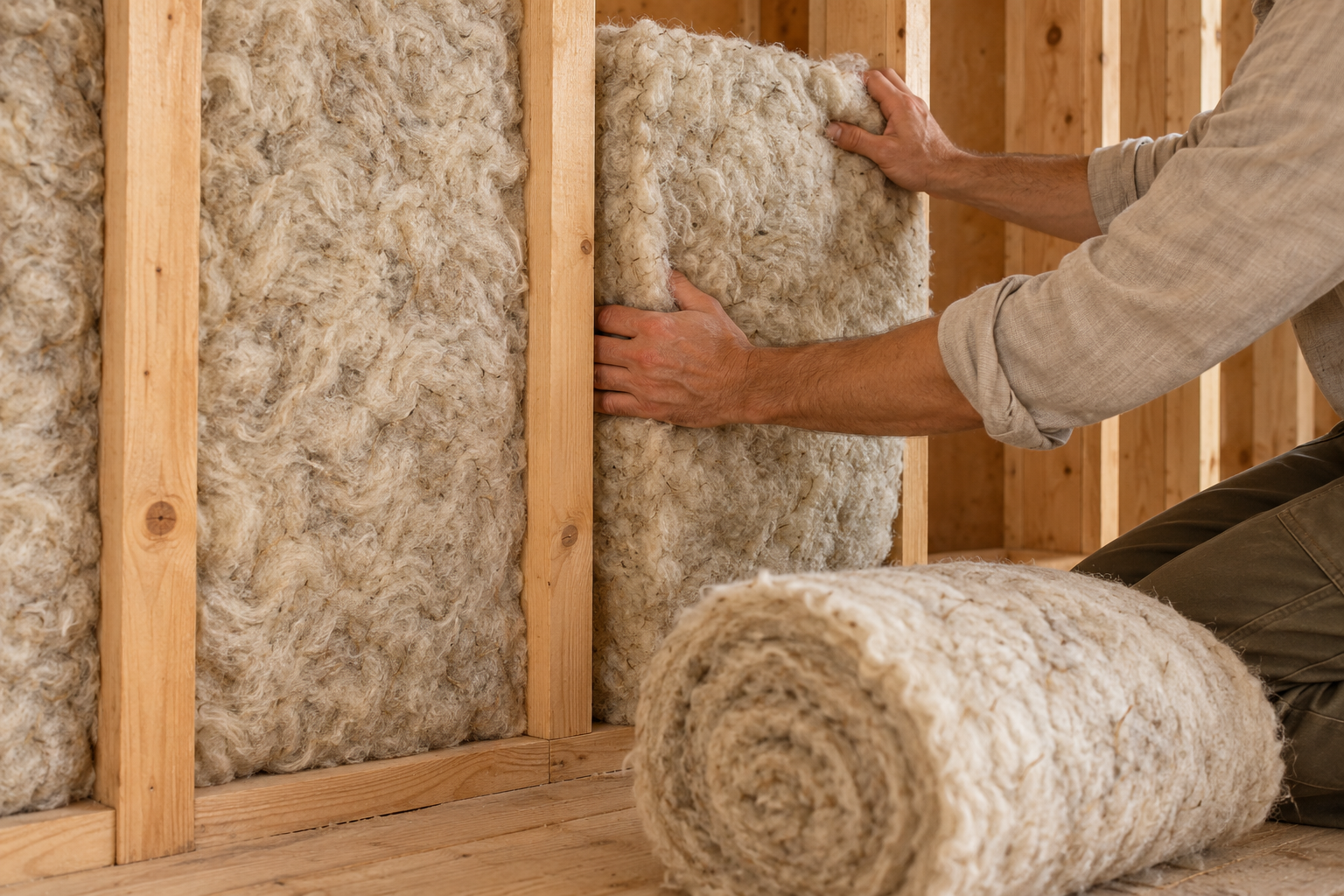 Hände setzen eine Schafwolldämmmatte zwischen Holzständer einer Innenwand ein